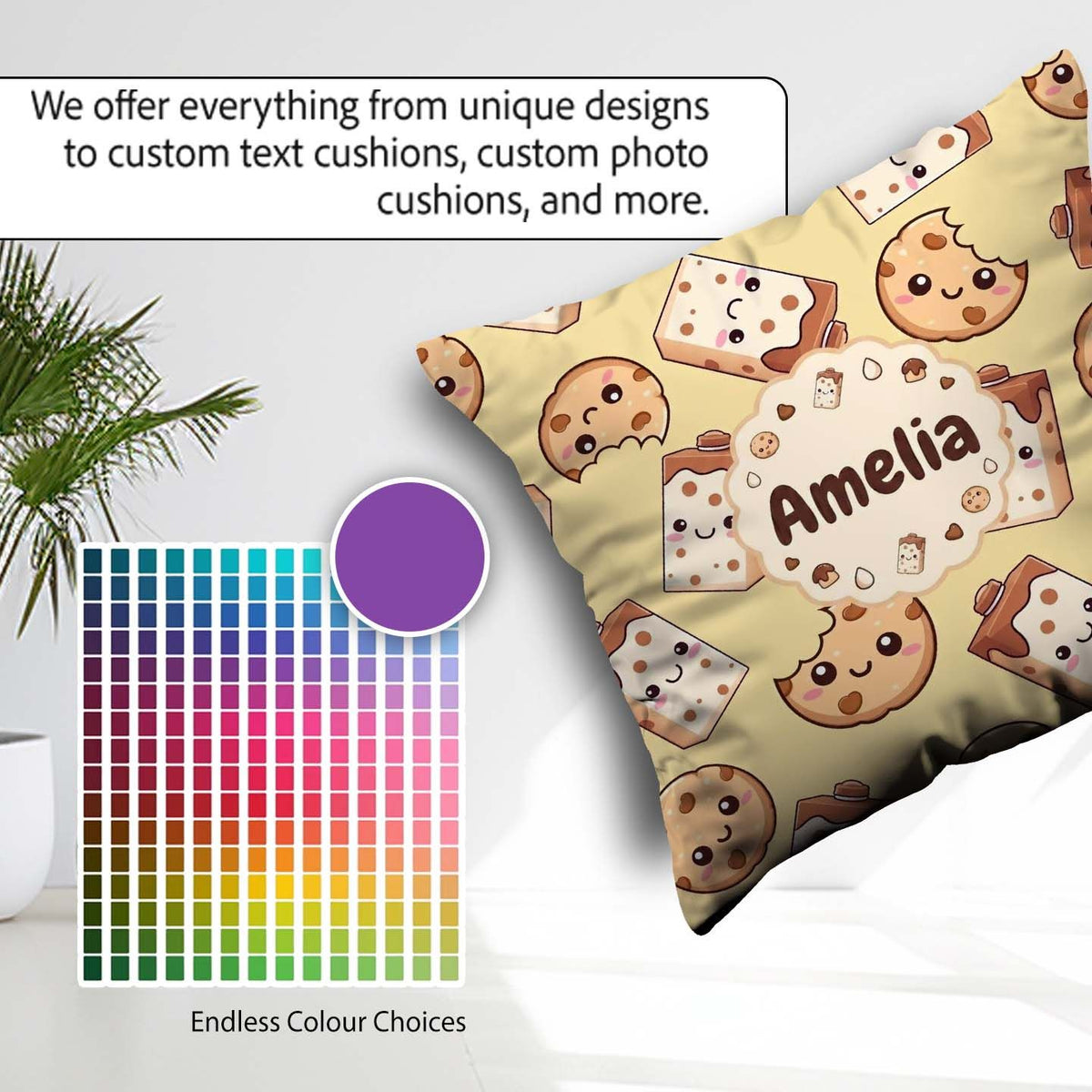 Custom Name Kawaii Chocolate Milk and Cookie Characters Seamless Square Filled Cushion Throw Pillow Sofa Bed Home Decor Zip Washable UK Made