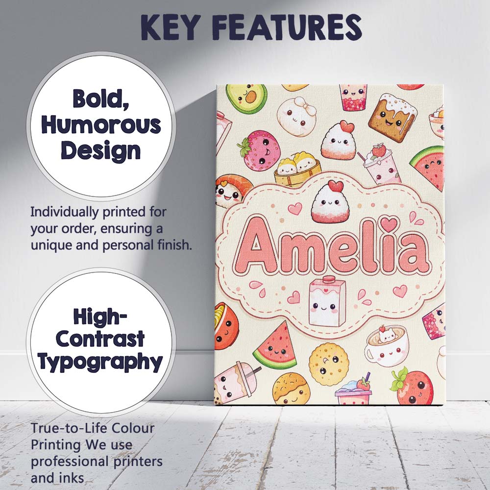 Personalised Name Cute Kawaii Food Characters Custom Unique Gift Idea Modern Room Accent Canvas Wall Art Print Decor Picture Ready to Hang