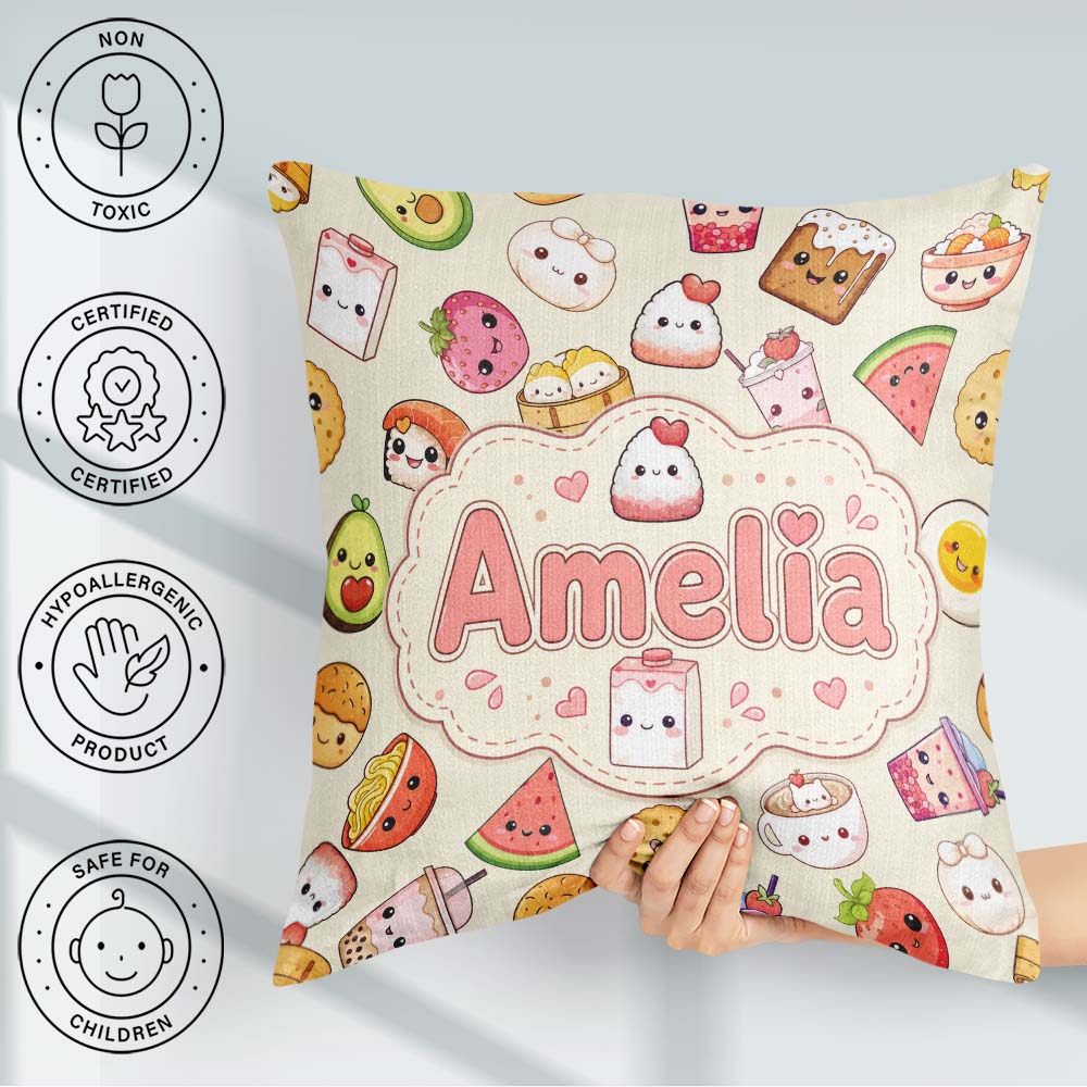 Custom Name Kawaii Food Sushi Fruit and Drinks Seamless Pattern Square Filled Cushion Throw Pillow Sofa Bed Home Decor Zip Washable UK Made