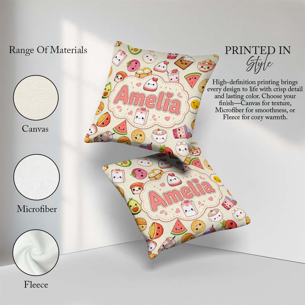 Custom Name Kawaii Food Sushi Fruit and Drinks Seamless Pattern Square Filled Cushion Throw Pillow Sofa Bed Home Decor Zip Washable UK Made