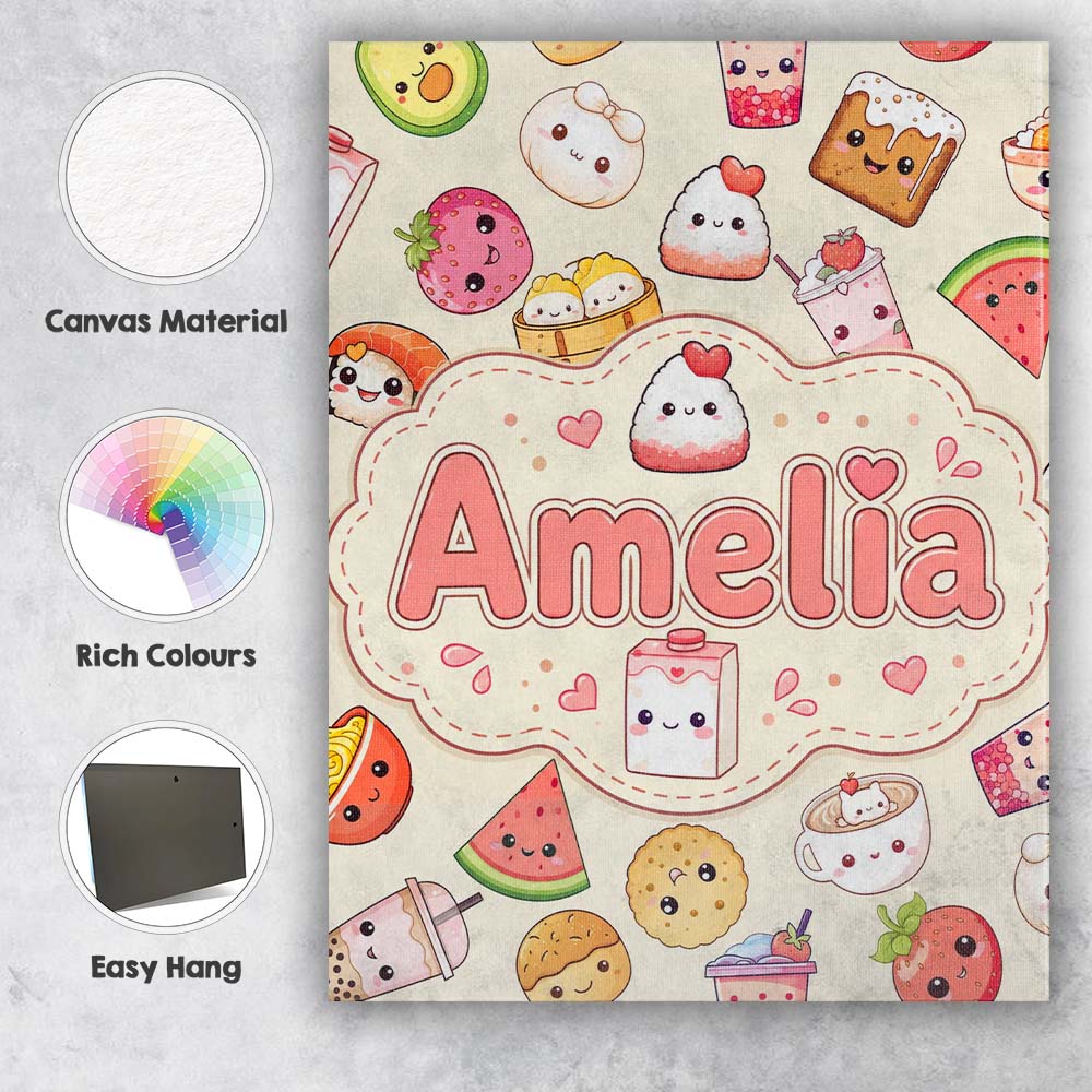 Personalised Name Cute Kawaii Food Characters Custom Unique Gift Idea Modern Room Accent Canvas Wall Art Print Decor Picture Ready to Hang