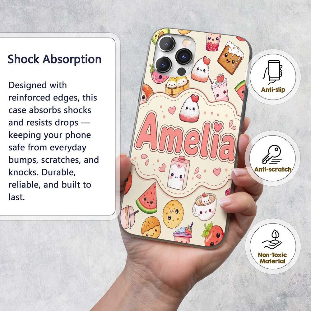 Cute Kawaii Food Characters Sushi Printed Design Custom Name Protective Phone Case Mobile Cover Durable Everyday Smartphone Shock Resistant