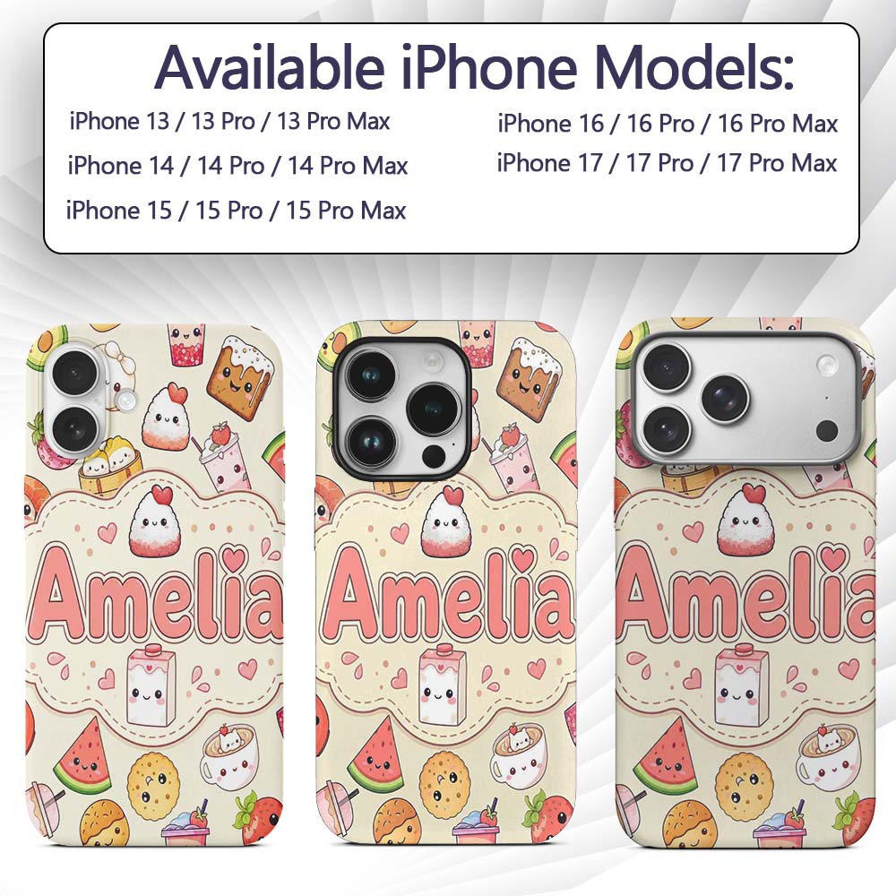 Cute Kawaii Food Characters Sushi Printed Design Custom Name Protective Phone Case Mobile Cover Durable Everyday Smartphone Shock Resistant