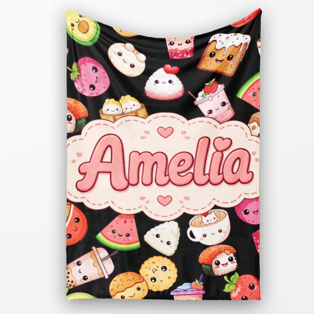 Cute Kawaii Food Characters on Black Background Seamless Pattern Personalised Custom Name Super Soft Fleece Blanket Bed Sofa Throw