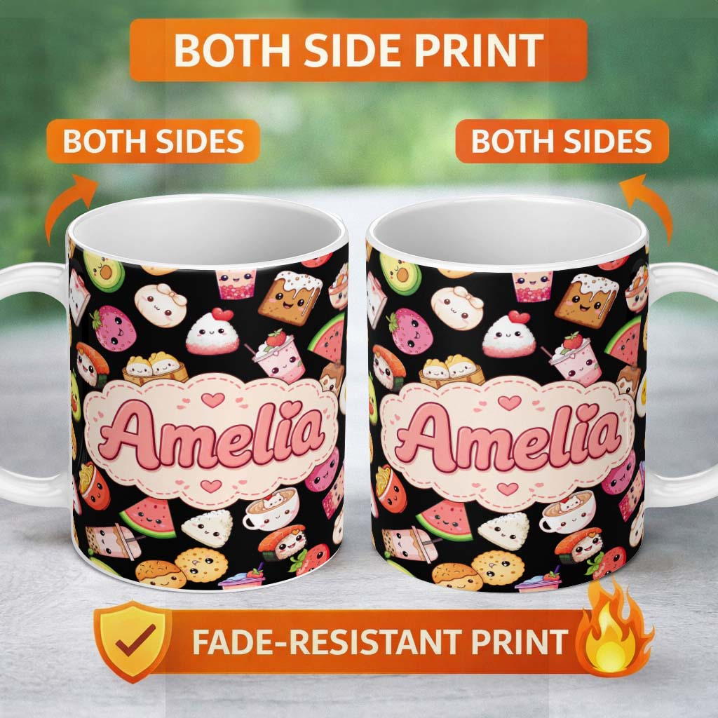Personalized Custom Name Cute Kawaii Food Characters on Black Background Seamless Pattern 11oz Ceramic Coffee Tea Mug White Large Handle
