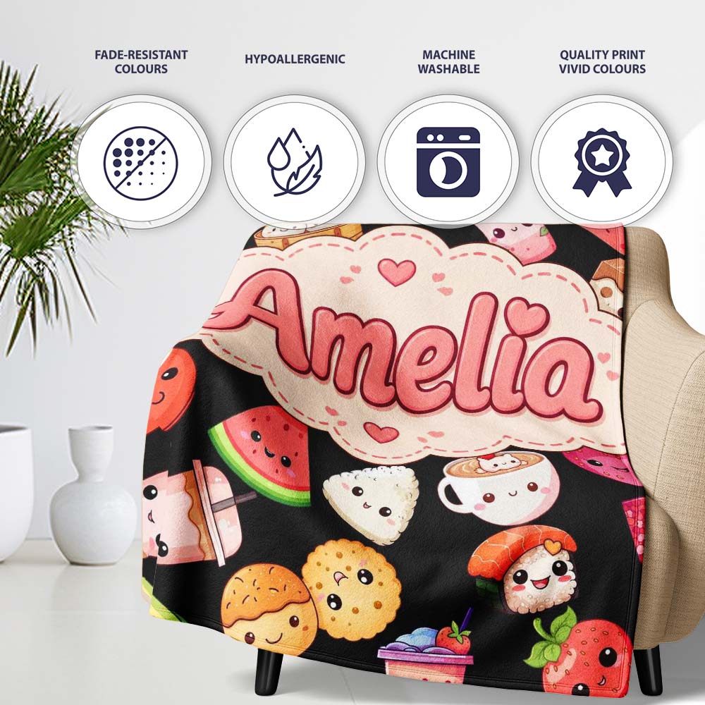 Cute Kawaii Food Characters on Black Background Seamless Pattern Personalised Custom Name Super Soft Fleece Blanket Bed Sofa Throw