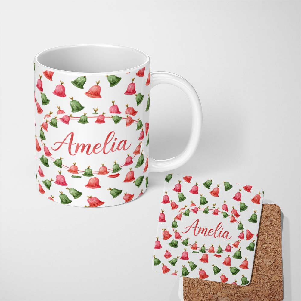Personalized Custom Name Watercolor Christmas Bells Red Green Festive Seamless Pattern Lovely 11oz Ceramic Coffee Tea Mug White Large Handle