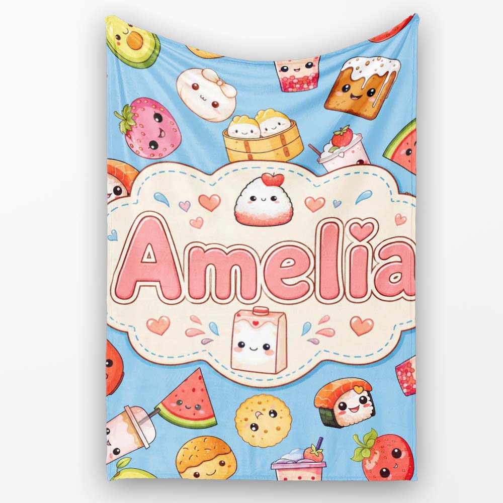 Cute Kawaii Food Characters on Blue Background Seamless Pattern Name Personalised Custom Name Super Soft Fleece Blanket Bed Sofa Throw