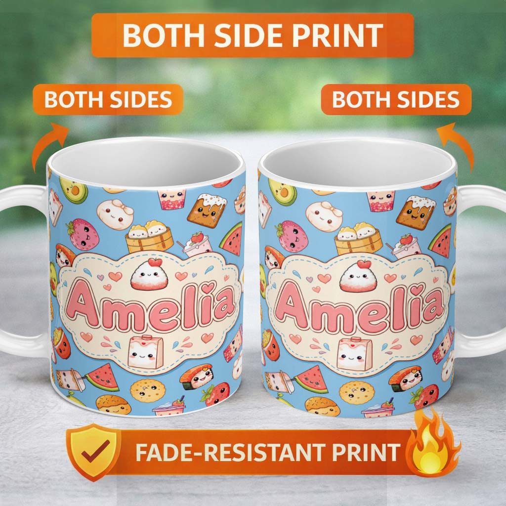Personalized Custom Name Cute Kawaii Food Characters on Blue Background Seamless Pattern Name 11oz Ceramic Coffee Tea Mug White Large Handle