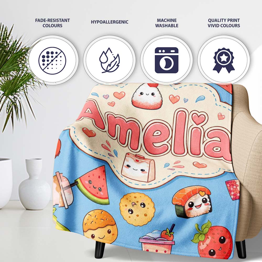 Cute Kawaii Food Characters on Blue Background Seamless Pattern Name Personalised Custom Name Super Soft Fleece Blanket Bed Sofa Throw