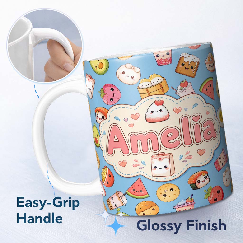 Personalized Custom Name Cute Kawaii Food Characters on Blue Background Seamless Pattern Name 11oz Ceramic Coffee Tea Mug White Large Handle