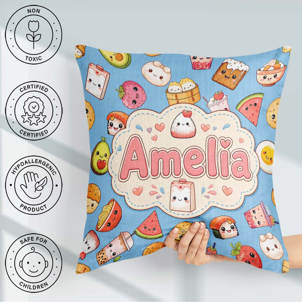 Custom Name Kawaii Food Characters on Blue Seamless Pattern Name Square Filled Cushion Throw Pillow Sofa Bed Home Decor Zip Washable UK Made