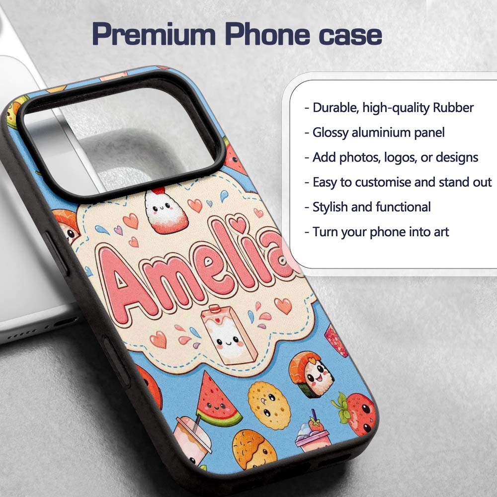 Cute Kawaii Food Characters on Blue Background Custom Name Protective Phone Case Mobile Cover Durable Everyday Smartphone Shock Resistant