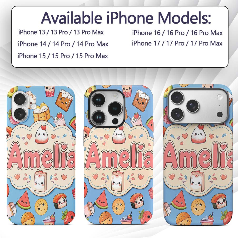 Cute Kawaii Food Characters on Blue Background Custom Name Protective Phone Case Mobile Cover Durable Everyday Smartphone Shock Resistant
