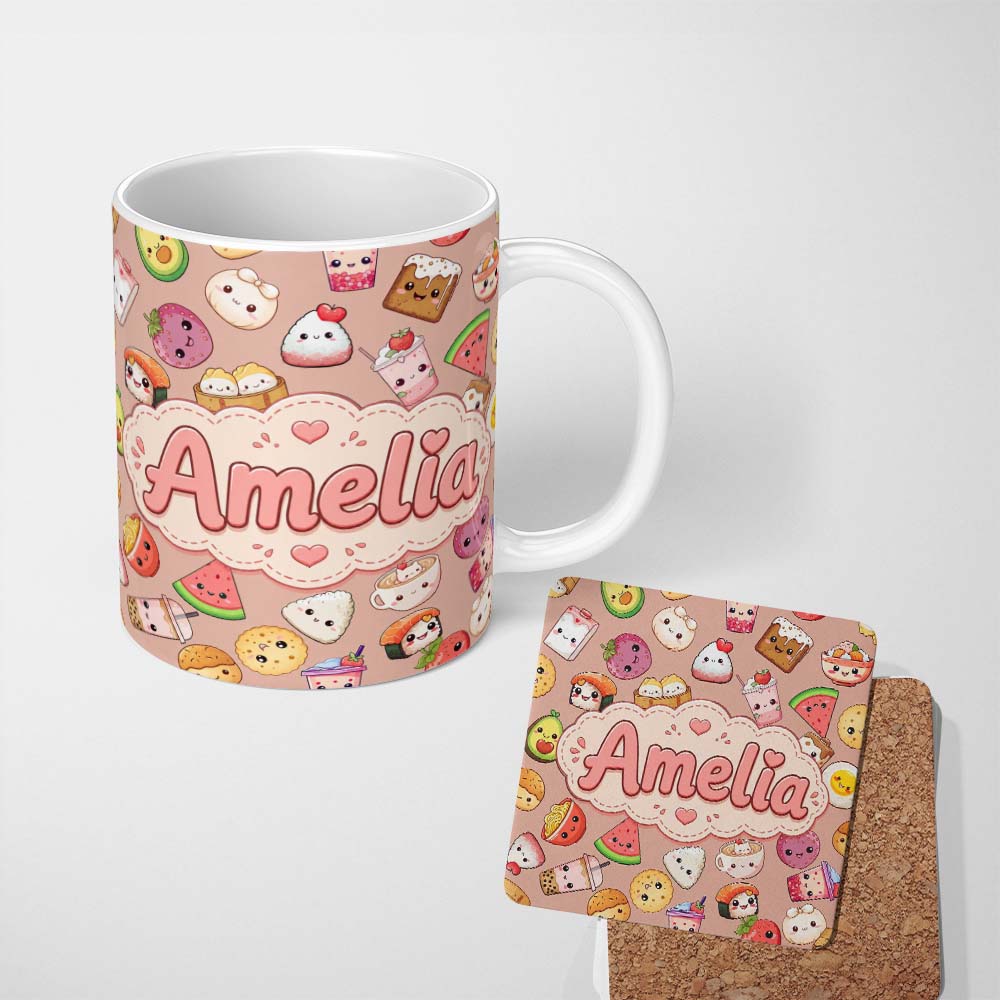 Personalized Custom Name Cute Kawaii Food Characters on Peach Background Seamless Pattern 11oz Ceramic Coffee Tea Mug White Large Handle