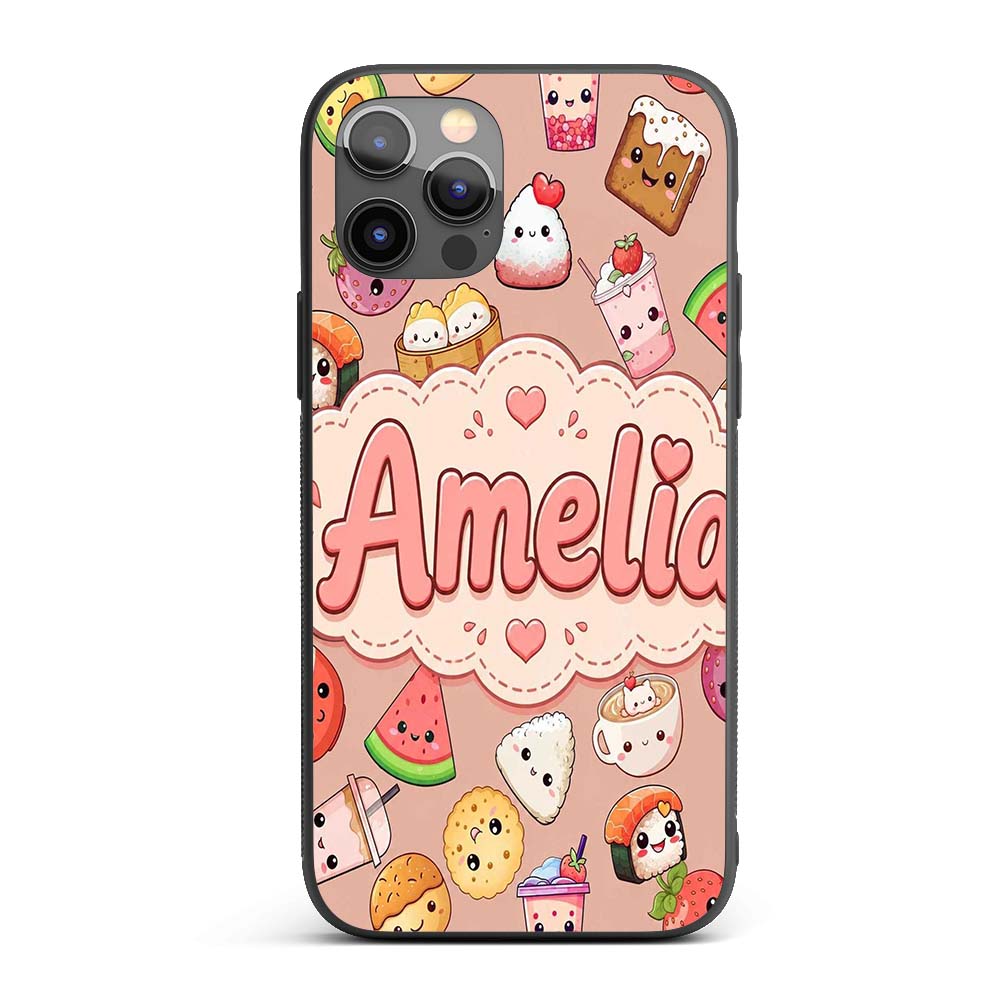 Cute Kawaii Food Characters on Peach Background Custom Name Protective Phone Case Mobile Cover Durable Everyday Smartphone Shock Resistant