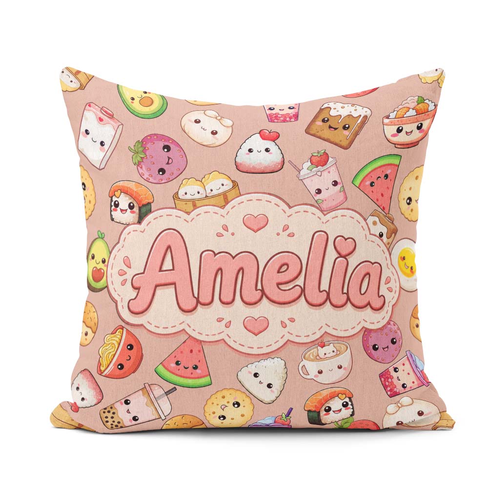 Custom Name Food Characters on Peach Background Seamless Pattern Square Filled Cushion Throw Pillow Sofa Bed Home Decor Zip Washable UK Made