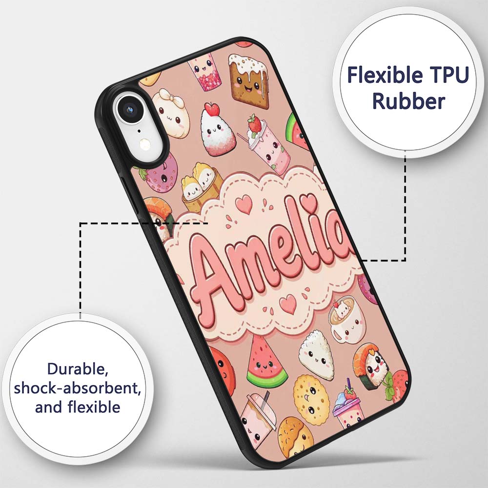 Cute Kawaii Food Characters on Peach Background Custom Name Protective Phone Case Mobile Cover Durable Everyday Smartphone Shock Resistant