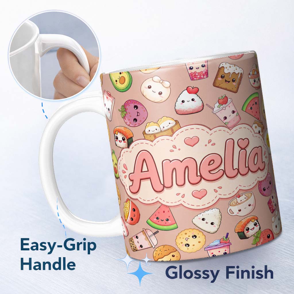 Personalized Custom Name Cute Kawaii Food Characters on Peach Background Seamless Pattern 11oz Ceramic Coffee Tea Mug White Large Handle