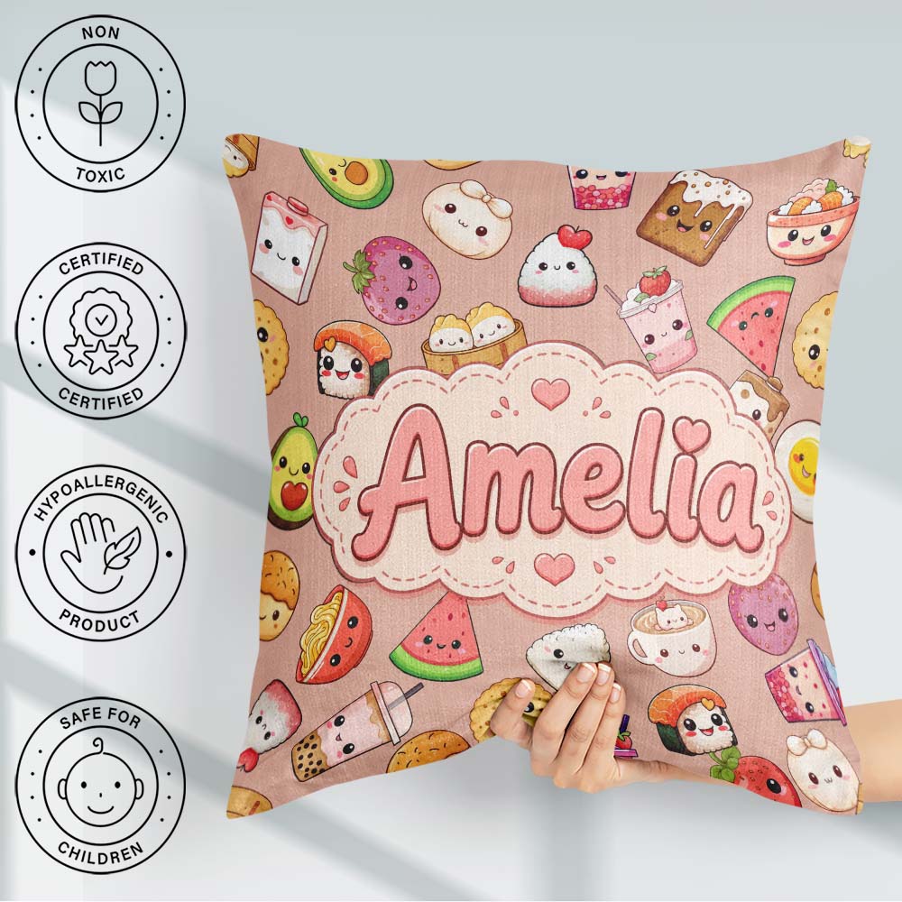 Custom Name Food Characters on Peach Background Seamless Pattern Square Filled Cushion Throw Pillow Sofa Bed Home Decor Zip Washable UK Made