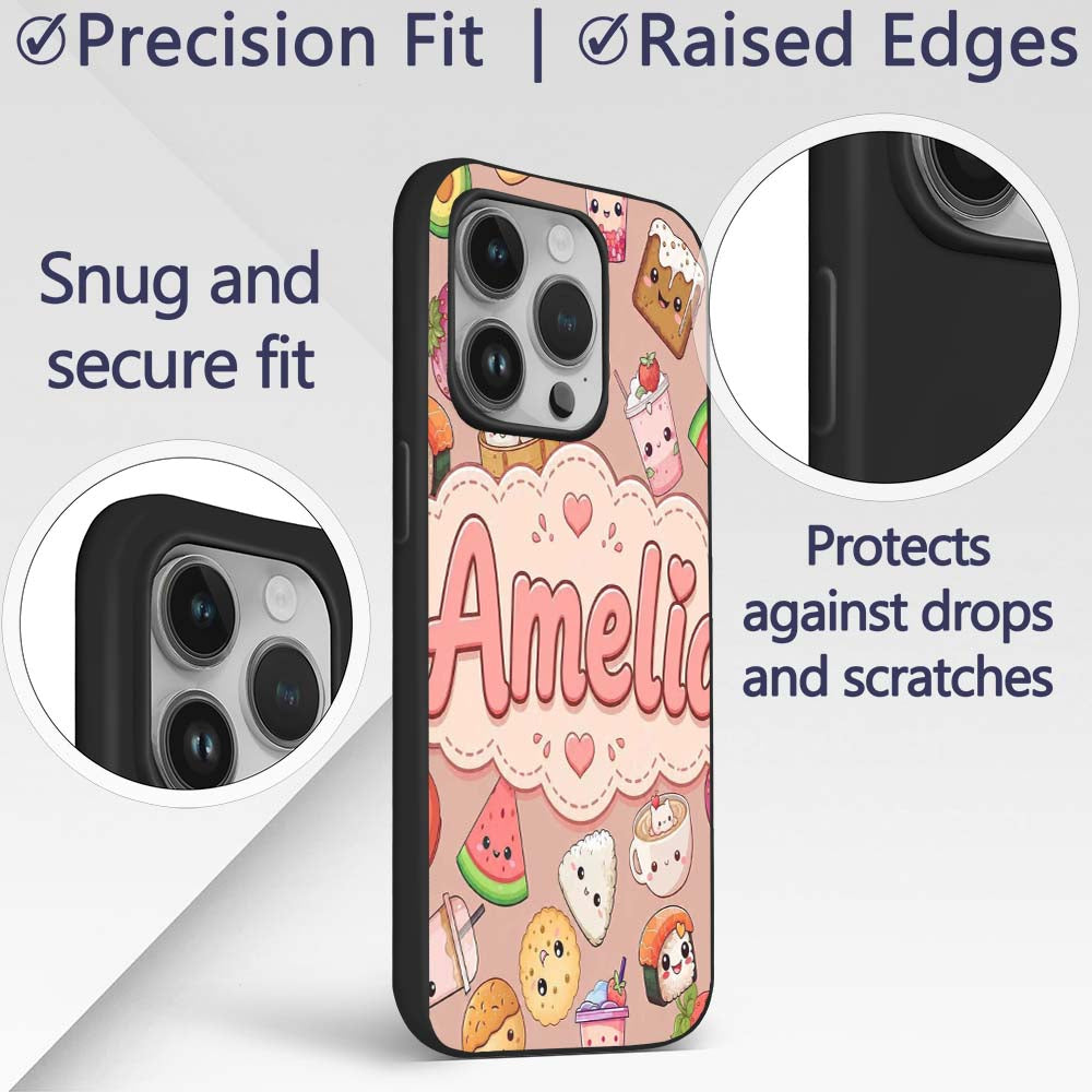 Cute Kawaii Food Characters on Peach Background Custom Name Protective Phone Case Mobile Cover Durable Everyday Smartphone Shock Resistant