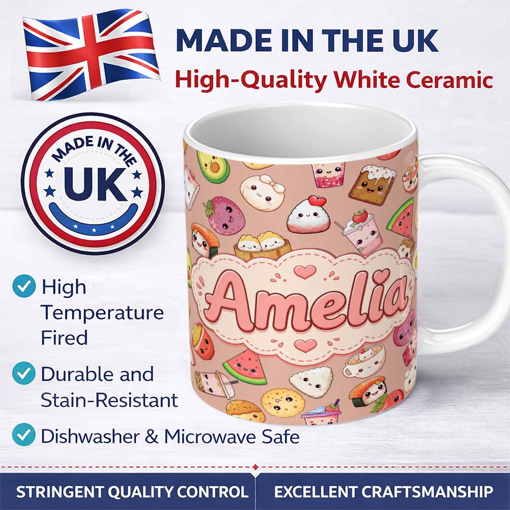 Personalized Custom Name Cute Kawaii Food Characters on Peach Background Seamless Pattern 11oz Ceramic Coffee Tea Mug White Large Handle
