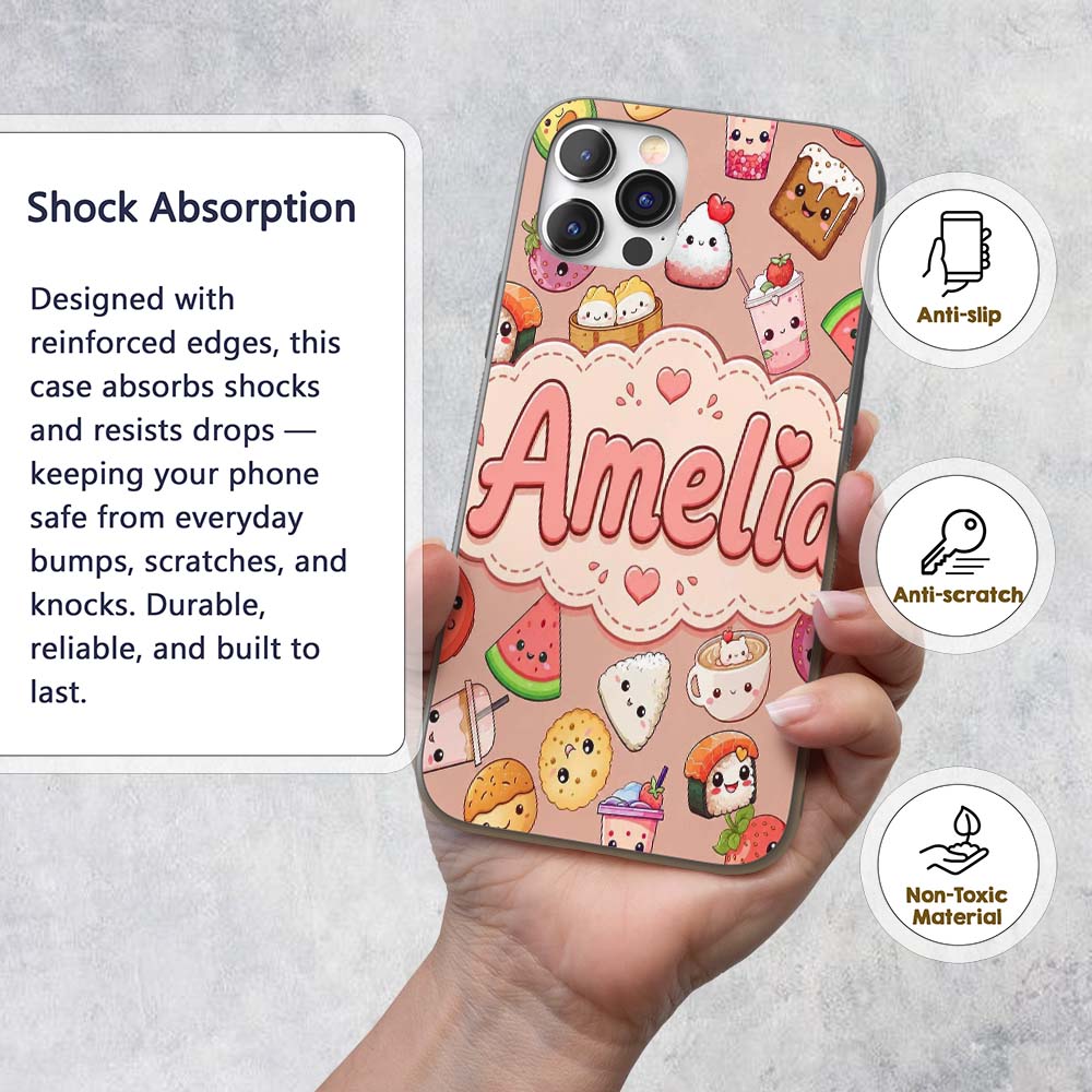 Cute Kawaii Food Characters on Peach Background Custom Name Protective Phone Case Mobile Cover Durable Everyday Smartphone Shock Resistant