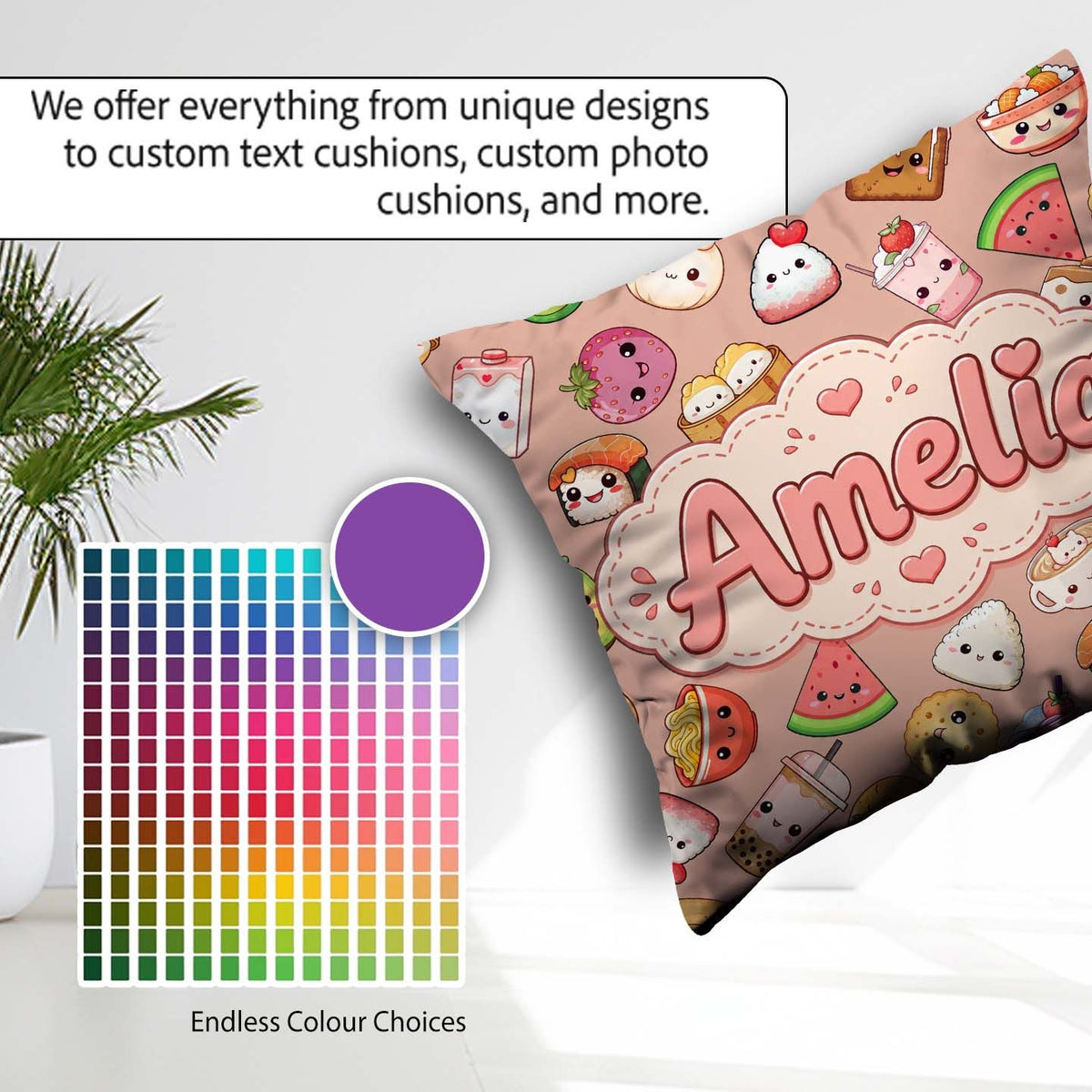 Custom Name Food Characters on Peach Background Seamless Pattern Square Filled Cushion Throw Pillow Sofa Bed Home Decor Zip Washable UK Made
