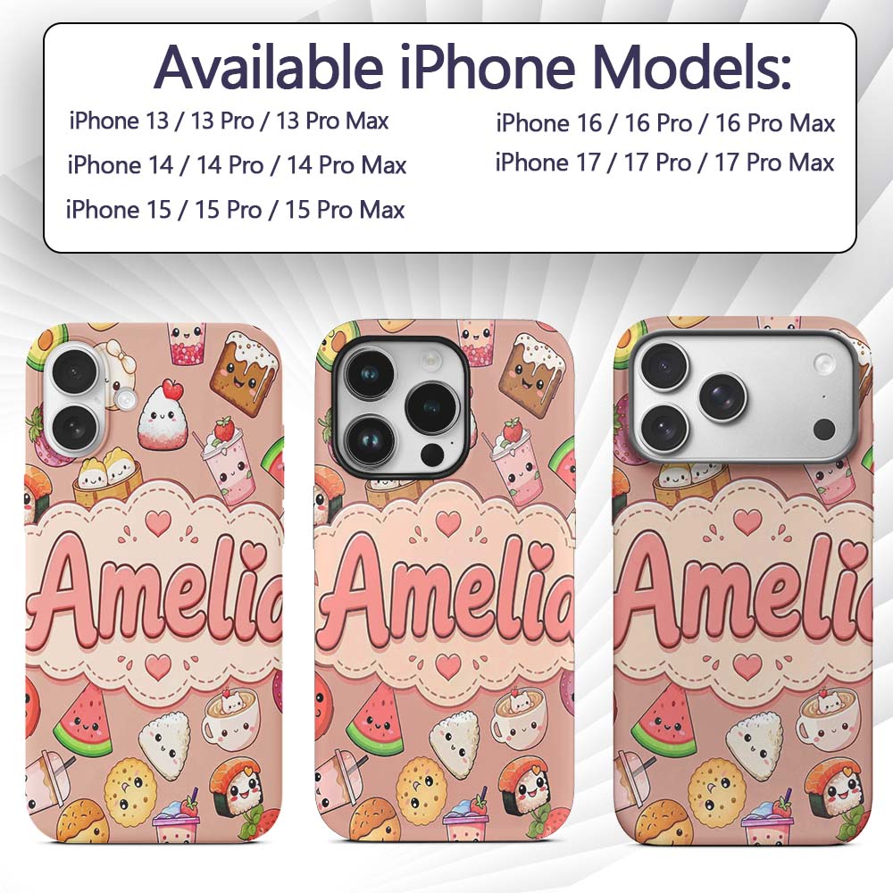 Cute Kawaii Food Characters on Peach Background Custom Name Protective Phone Case Mobile Cover Durable Everyday Smartphone Shock Resistant