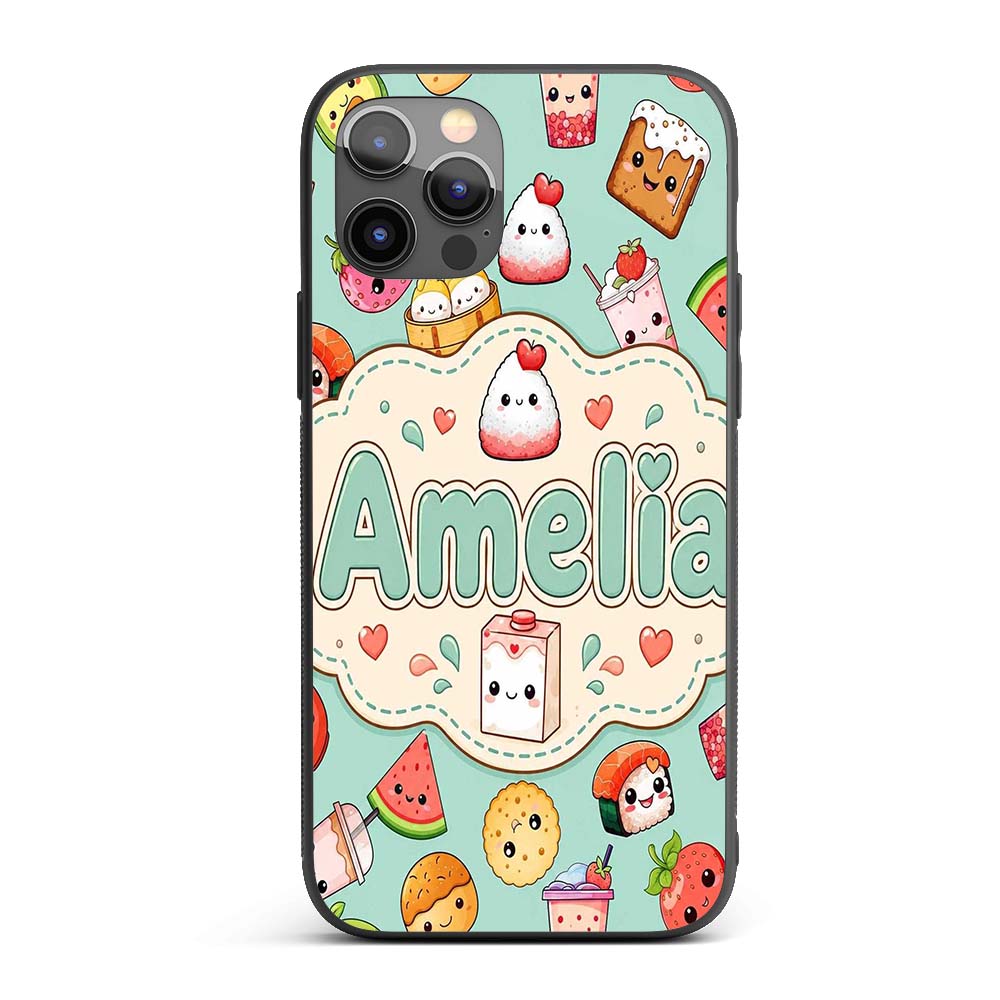 Cute Kawaii Food Characters on Printed Design Custom Name Protective Phone Case Mobile Cover Durable Everyday Smartphone Shock Resistant
