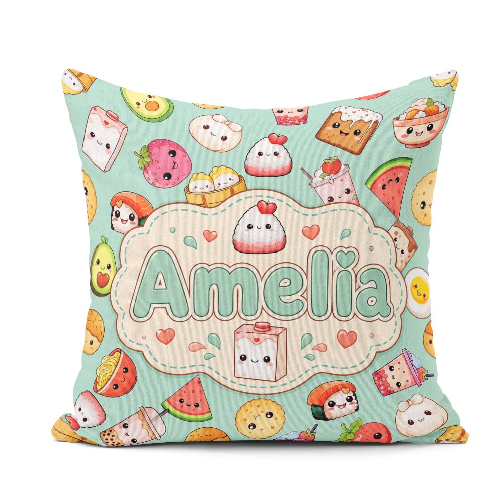 Custom Name Cute Kawaii Food Characters on Mint Green Background Square Filled Cushion Throw Pillow Sofa Bed Home Decor Zip Washable UK Made