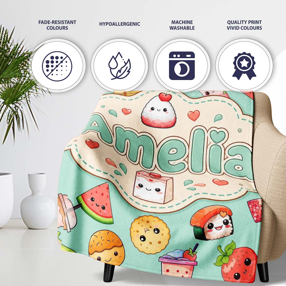 Cute Kawaii Food Characters on Mint Green Background Seamless Personalised Custom Name Super Soft Fleece Blanket Bed Sofa Throw