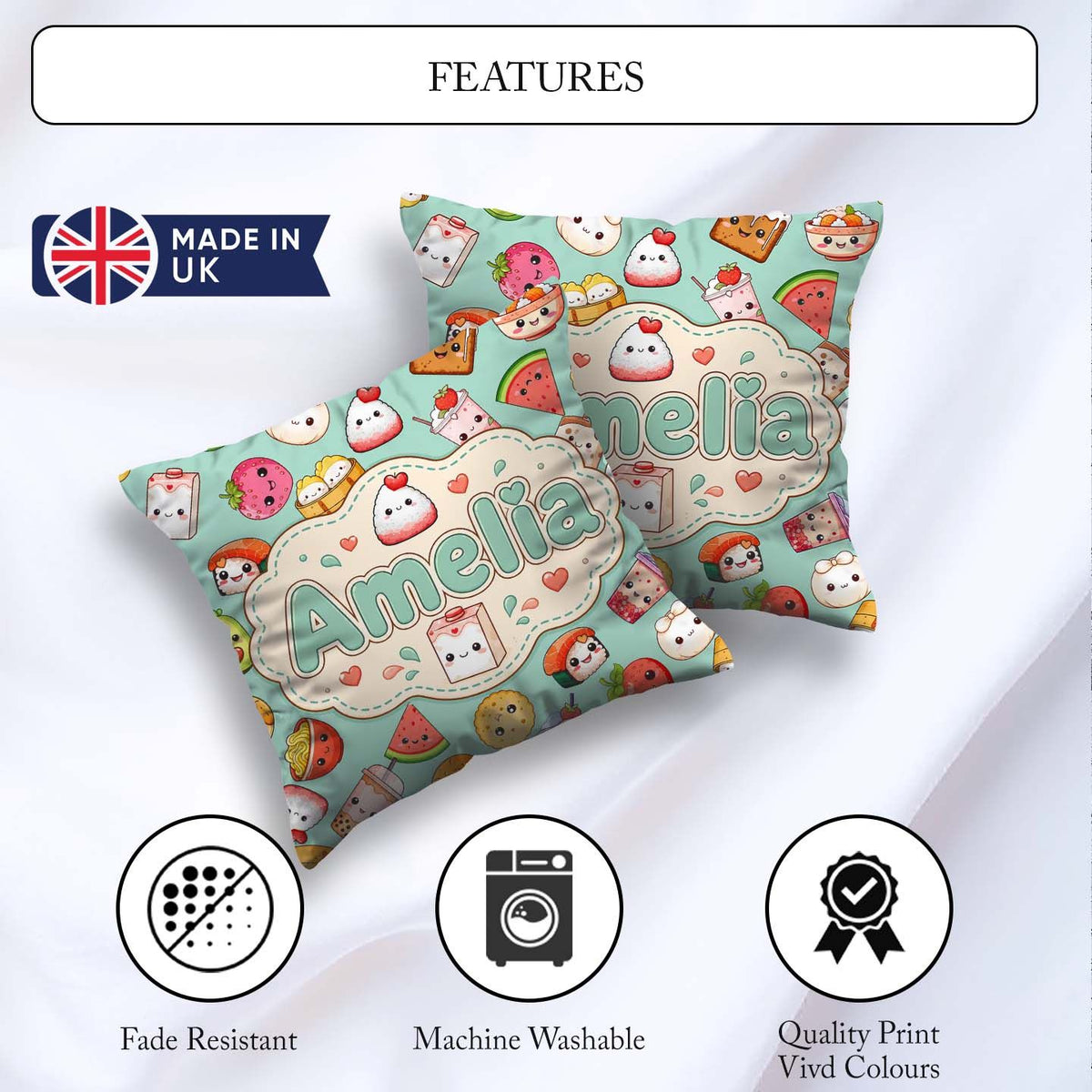 Custom Name Cute Kawaii Food Characters on Mint Green Background Square Filled Cushion Throw Pillow Sofa Bed Home Decor Zip Washable UK Made