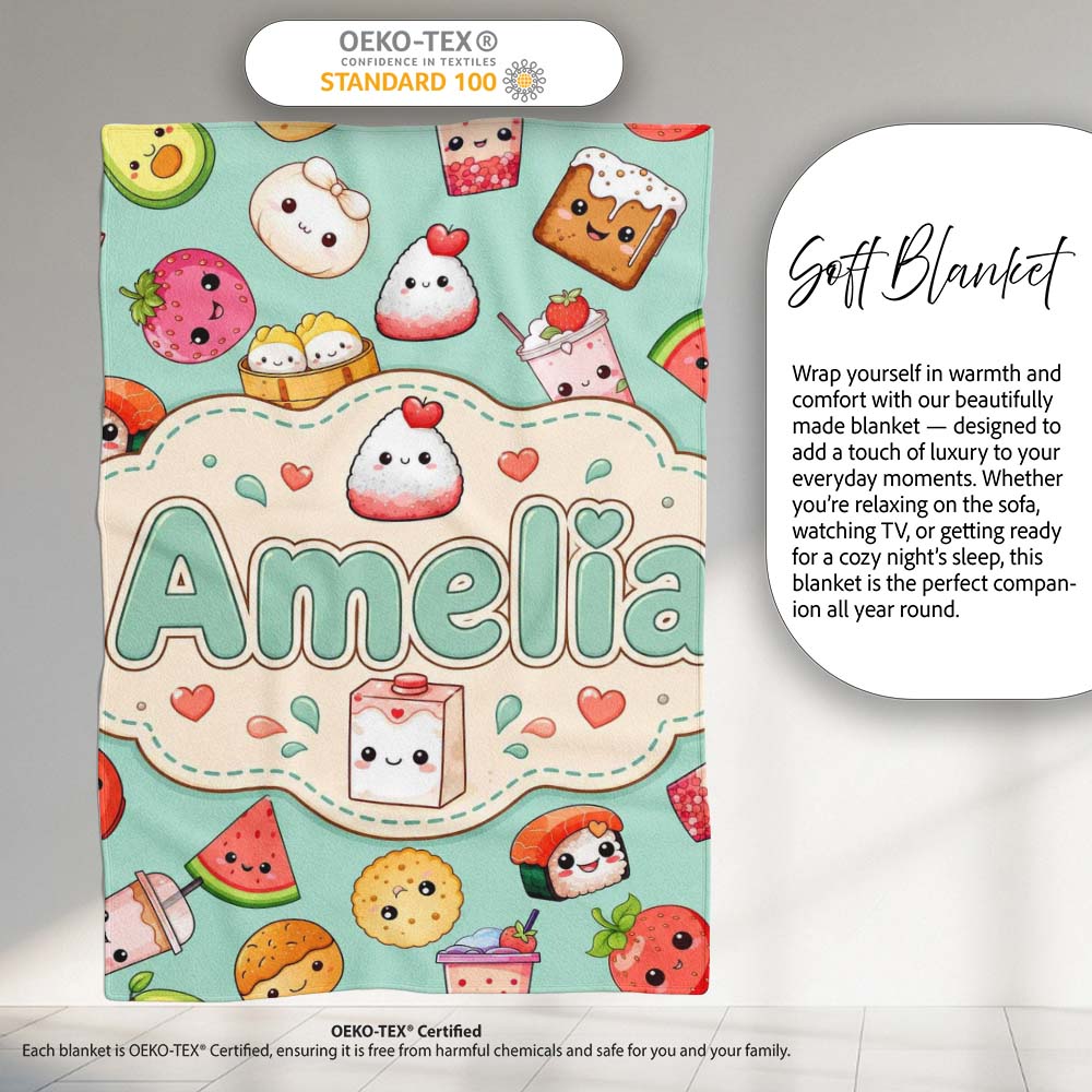 Cute Kawaii Food Characters on Mint Green Background Seamless Personalised Custom Name Super Soft Fleece Blanket Bed Sofa Throw