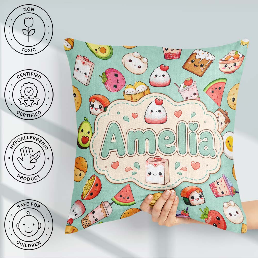 Custom Name Cute Kawaii Food Characters on Mint Green Background Square Filled Cushion Throw Pillow Sofa Bed Home Decor Zip Washable UK Made