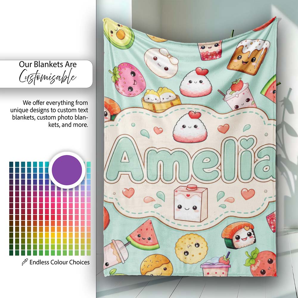 Cute Kawaii Food Characters on Mint Green Background Seamless Personalised Custom Name Super Soft Fleece Blanket Bed Sofa Throw