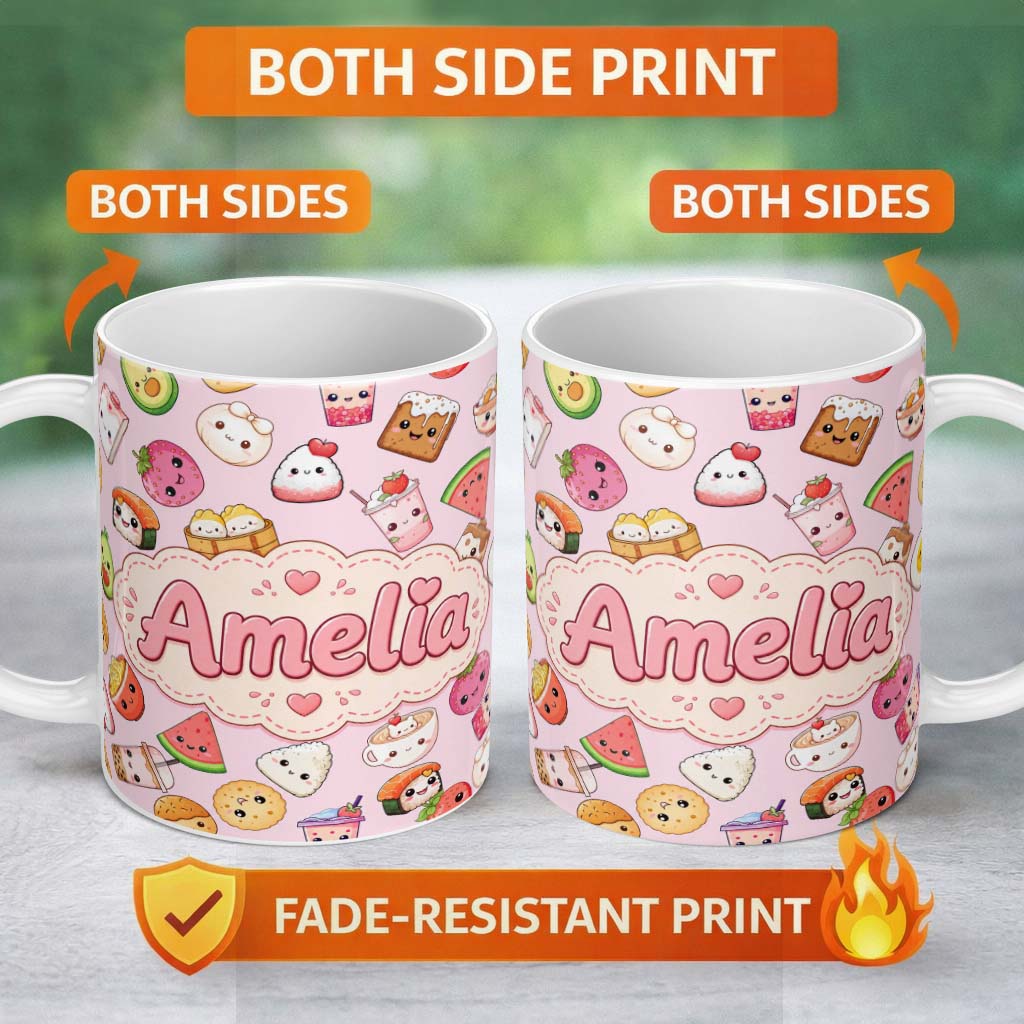 Personalized Custom Name Cute Kawaii Food Characters on Light Pink Background Seamless 11oz Ceramic Coffee Tea Mug White Large Handle