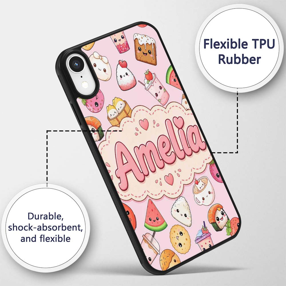 Cute Kawaii Food Characters on Printed Design Custom Name Protective Phone Case Mobile Cover Durable Everyday Smartphone Shock Resistant