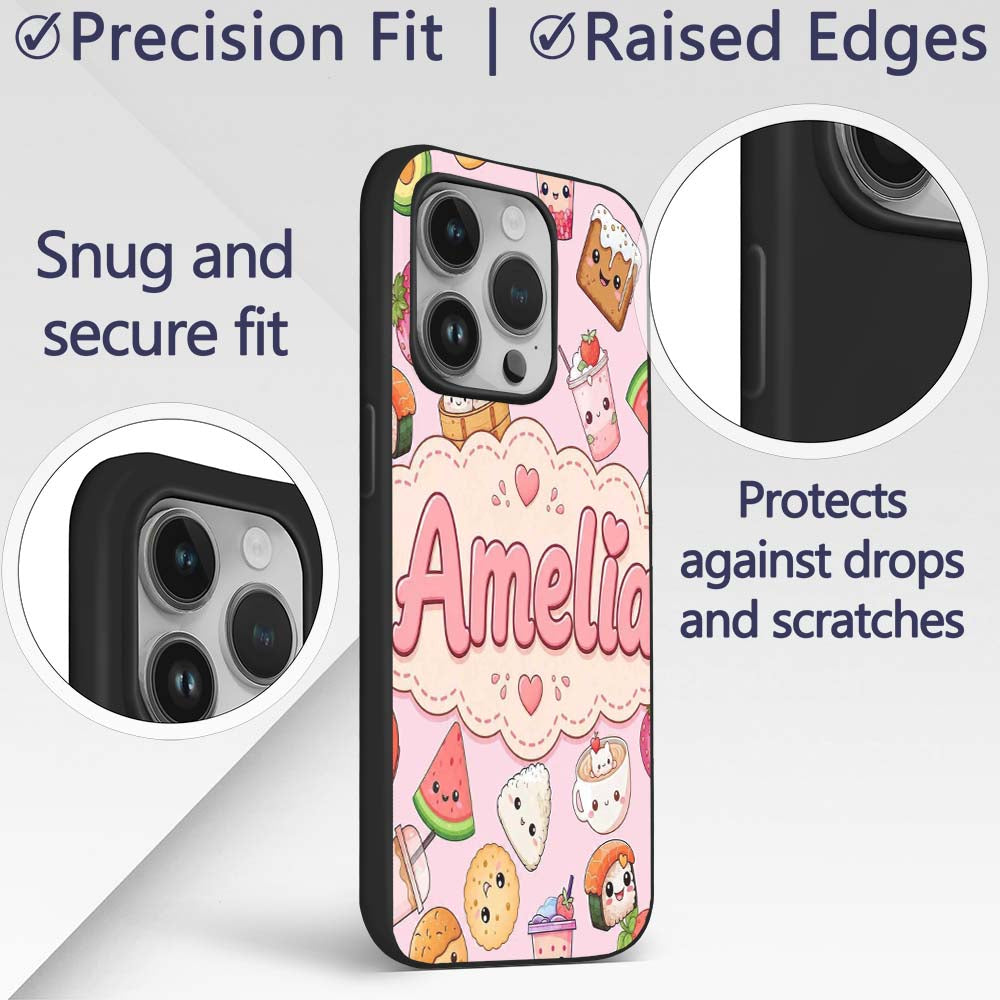 Cute Kawaii Food Characters on Printed Design Custom Name Protective Phone Case Mobile Cover Durable Everyday Smartphone Shock Resistant