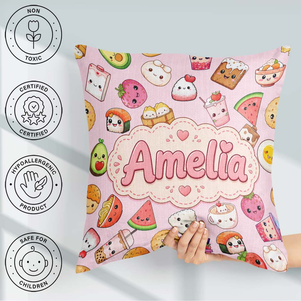 Custom Name Cute Kawaii Food Characters on Light Pink Background Square Filled Cushion Throw Pillow Sofa Bed Home Decor Zip Washable UK Made