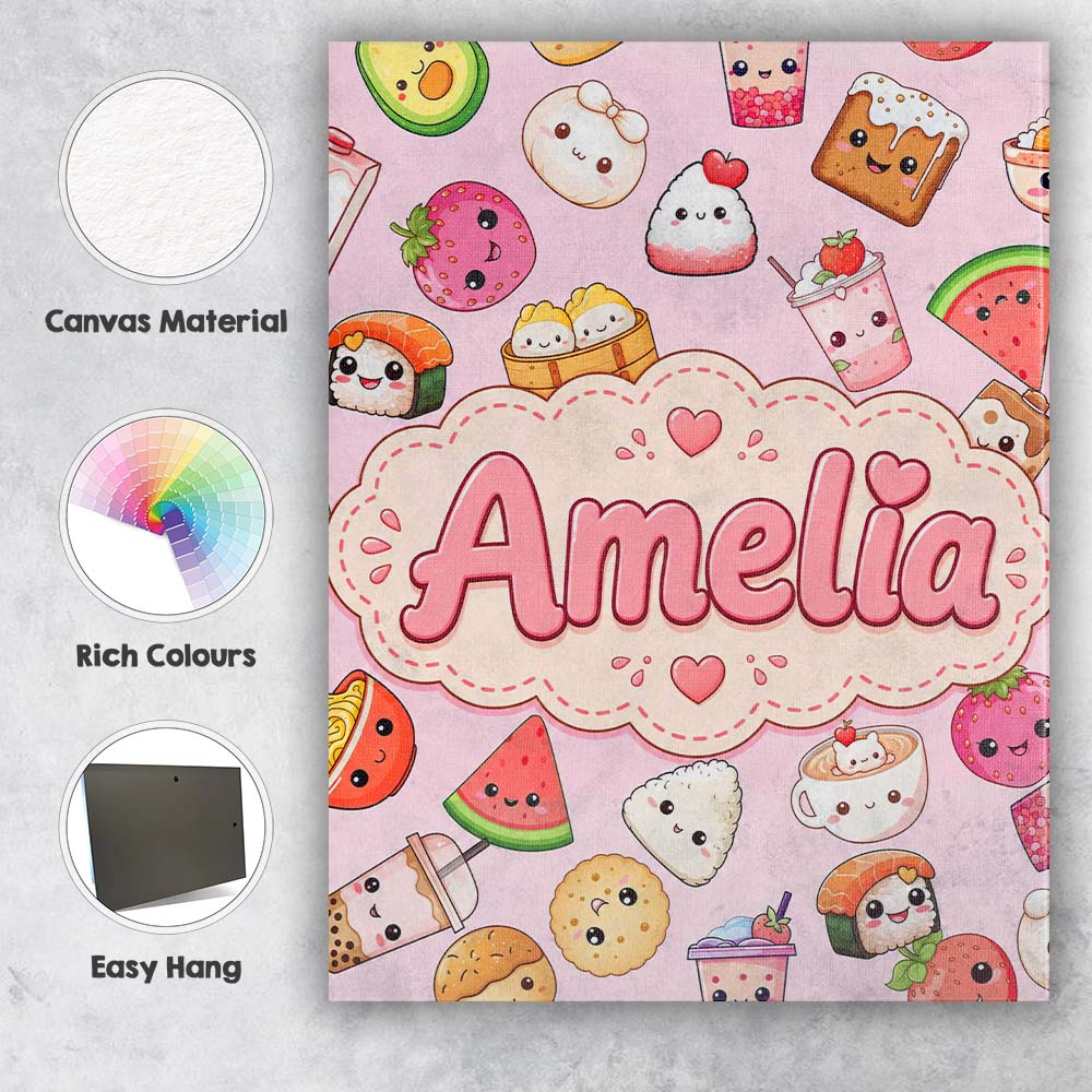 Personalised Name Cute Kawaii Food Characters Custom Unique Gift Idea Modern Room Accent Canvas Wall Art Print Decor Picture Ready to Hang