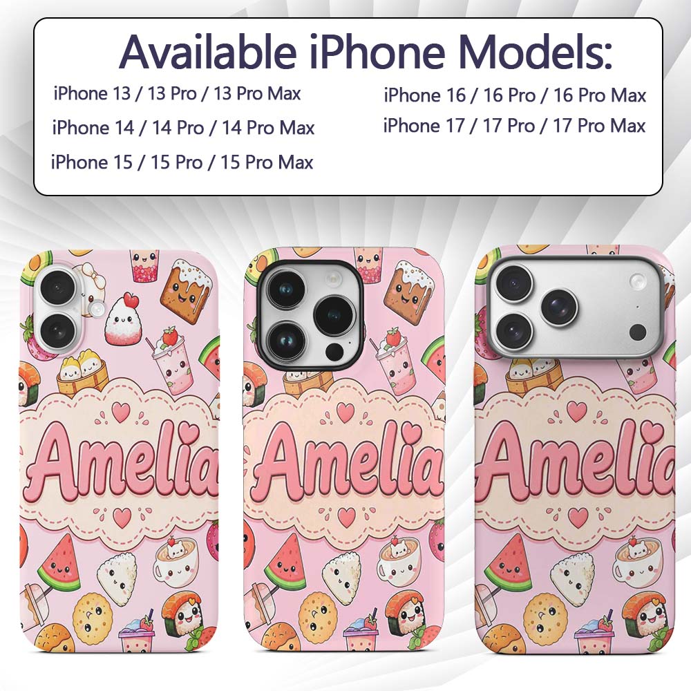 Cute Kawaii Food Characters on Printed Design Custom Name Protective Phone Case Mobile Cover Durable Everyday Smartphone Shock Resistant