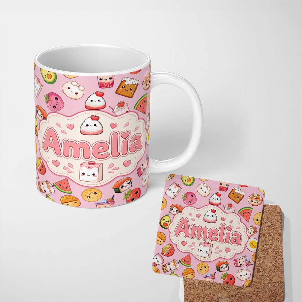 Personalized Custom Name Cute Kawaii Food Characters on Soft Pink Background Seamless 11oz Ceramic Coffee Tea Mug White Large Handle