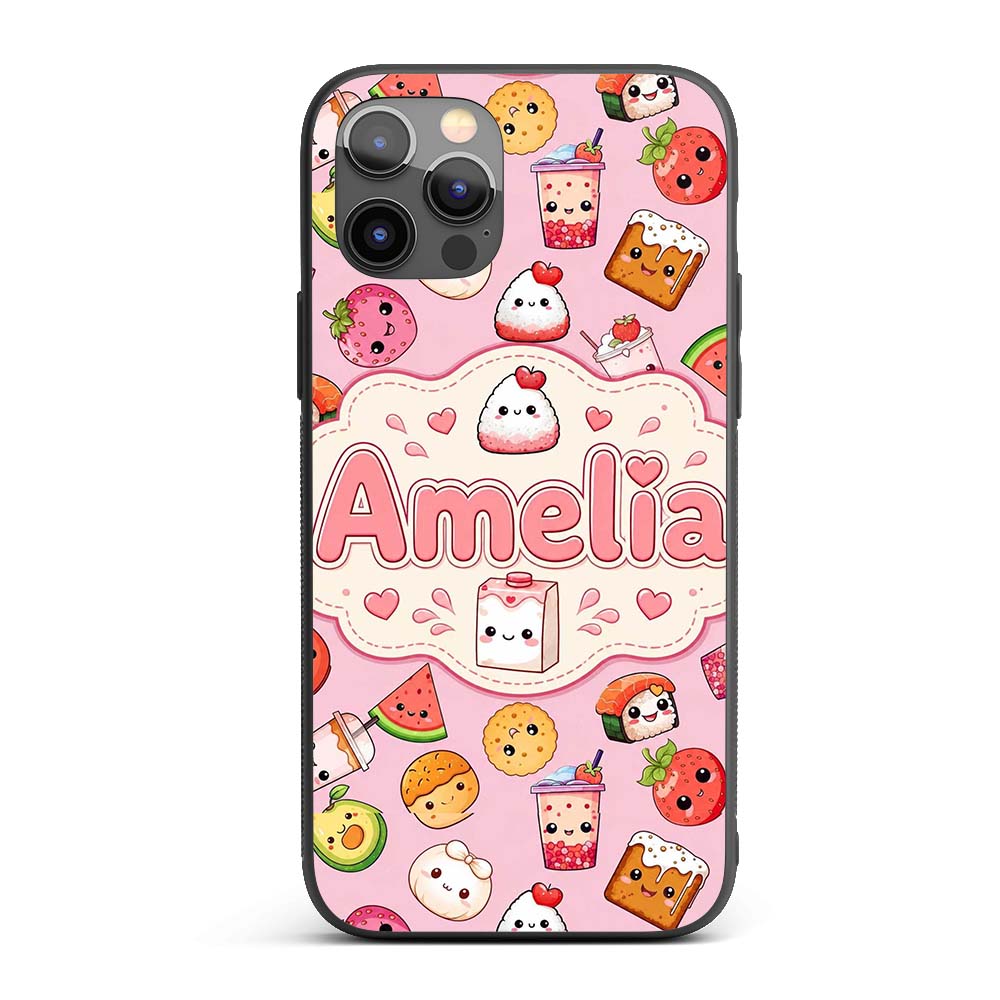 Cute Kawaii Food Characters on Printed Design Custom Name Protective Phone Case Mobile Cover Durable Everyday Smartphone Shock Resistant