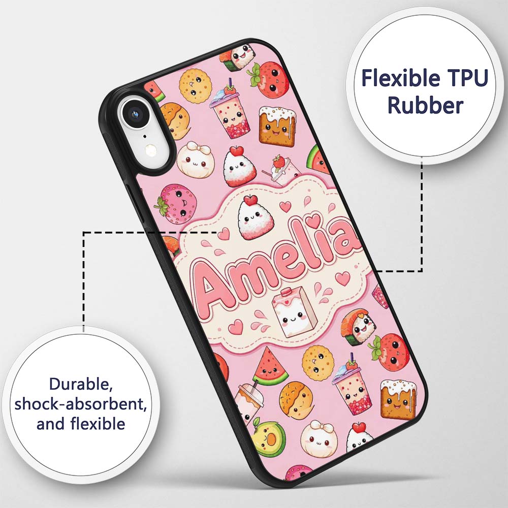 Cute Kawaii Food Characters on Printed Design Custom Name Protective Phone Case Mobile Cover Durable Everyday Smartphone Shock Resistant