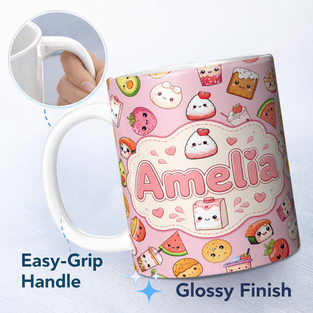 Personalized Custom Name Cute Kawaii Food Characters on Soft Pink Background Seamless 11oz Ceramic Coffee Tea Mug White Large Handle