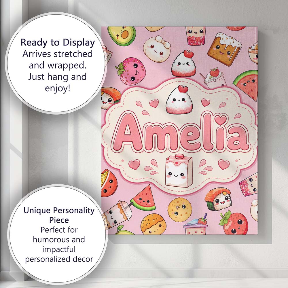 Personalised Name Cute Kawaii Food Characters Custom Unique Gift Idea Modern Room Accent Canvas Wall Art Print Decor Picture Ready to Hang