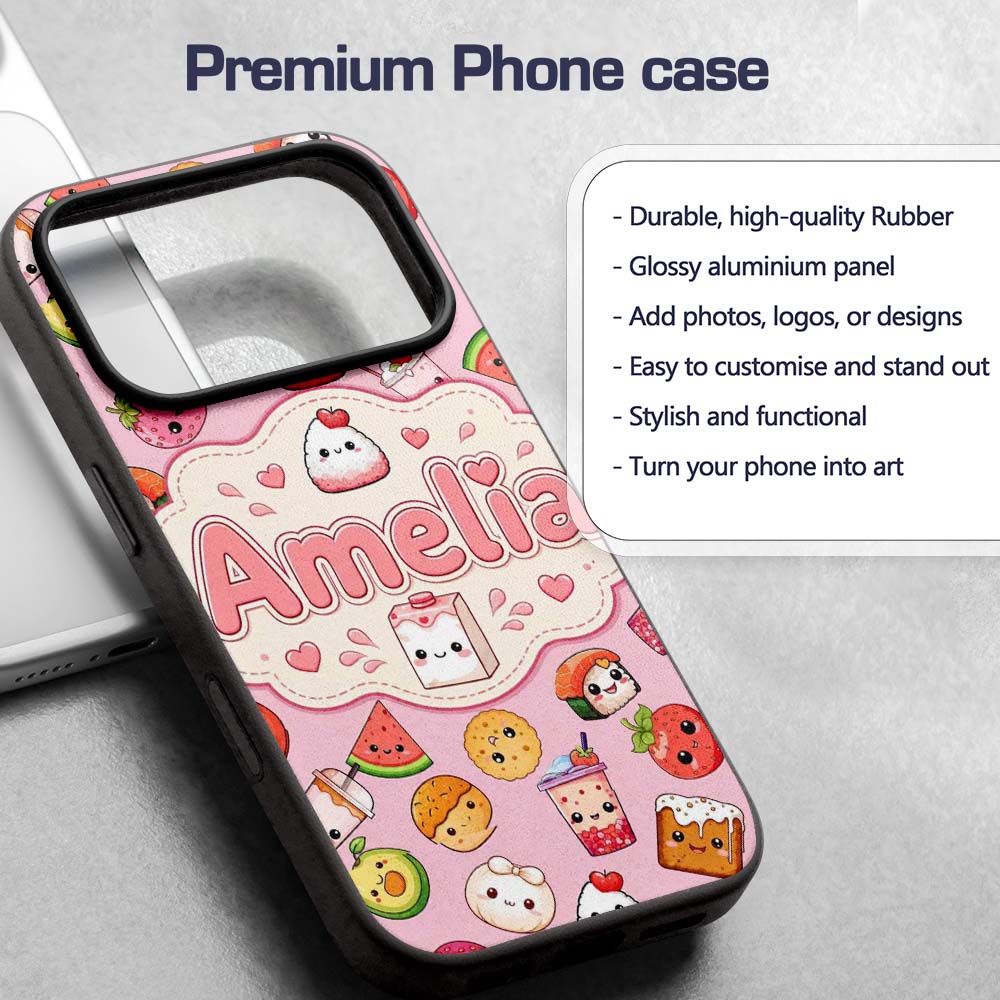 Cute Kawaii Food Characters on Printed Design Custom Name Protective Phone Case Mobile Cover Durable Everyday Smartphone Shock Resistant