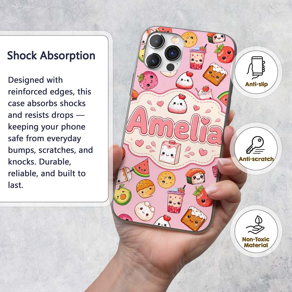 Cute Kawaii Food Characters on Printed Design Custom Name Protective Phone Case Mobile Cover Durable Everyday Smartphone Shock Resistant