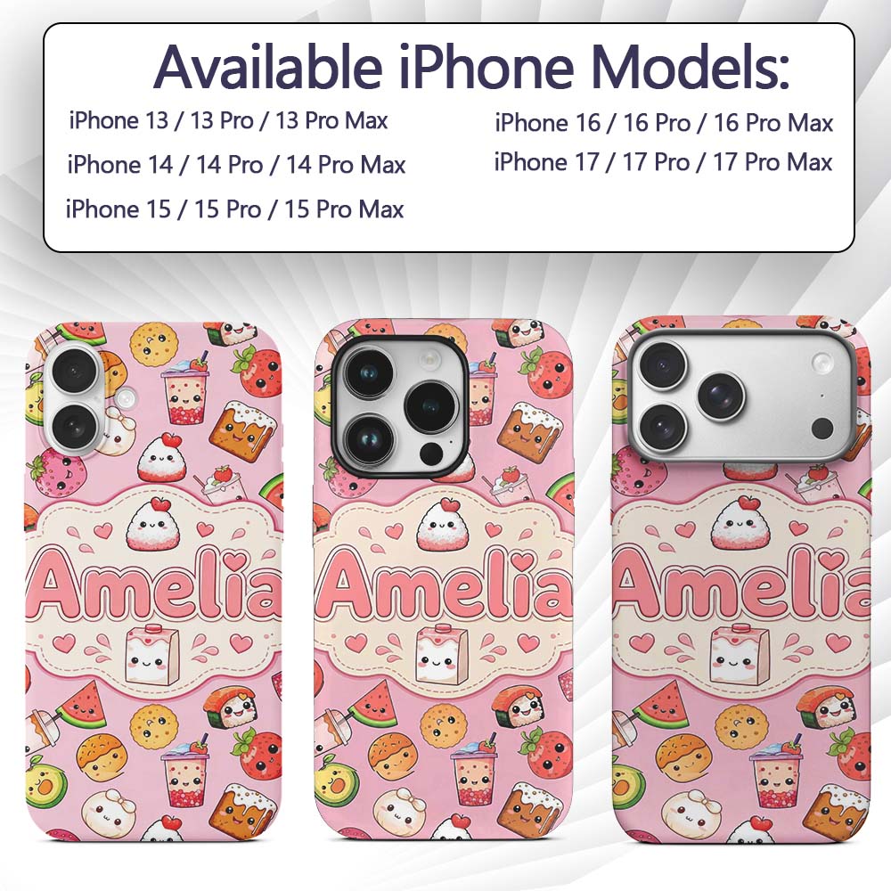 Cute Kawaii Food Characters on Printed Design Custom Name Protective Phone Case Mobile Cover Durable Everyday Smartphone Shock Resistant
